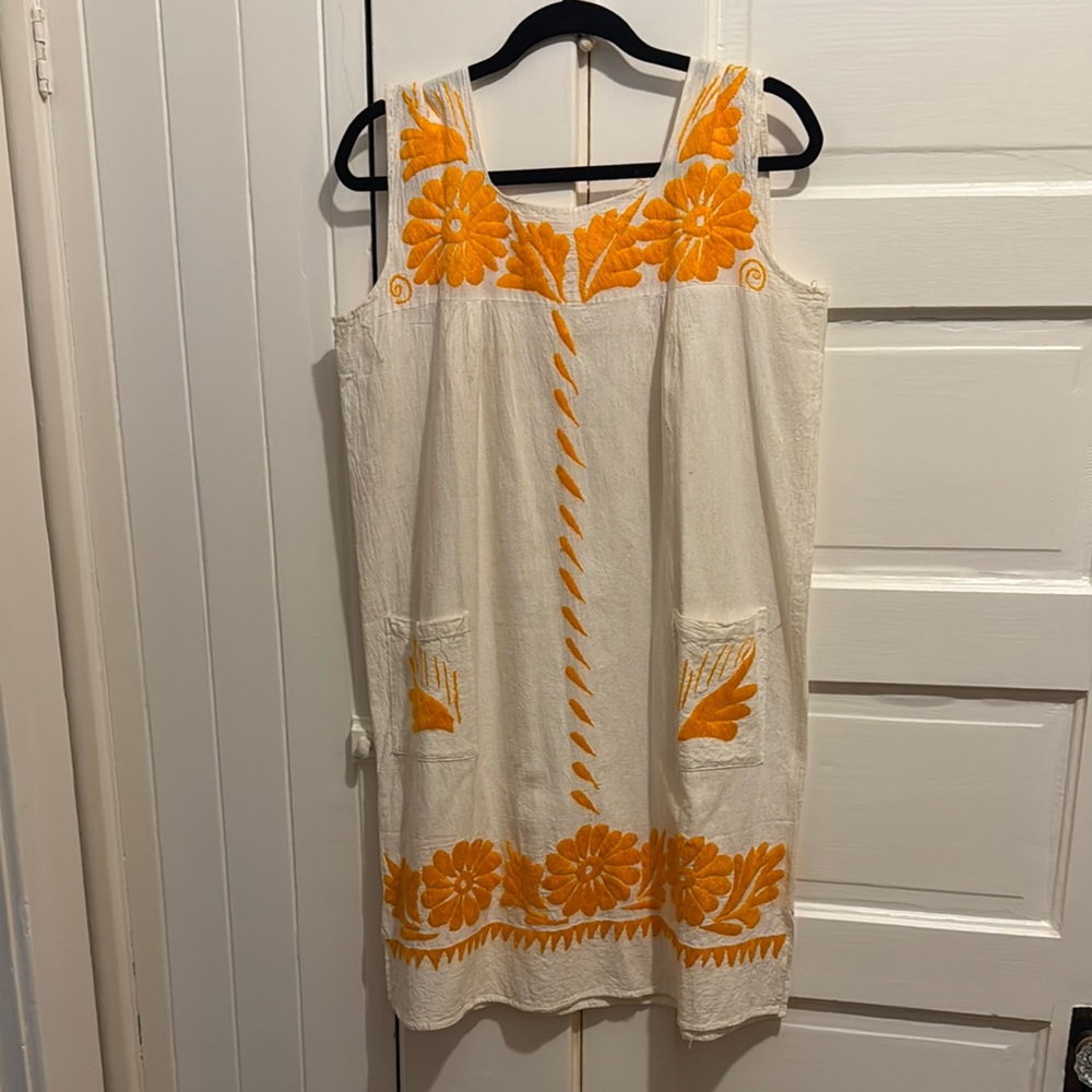 Oaxaca Hand Embroidered Sleeveless Dress - Orange and Cream